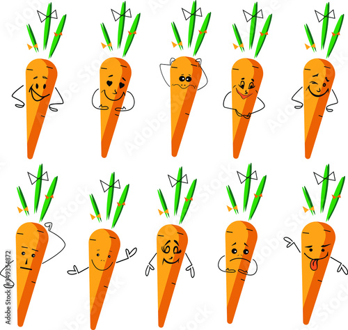 Set of funny cute carrots with different emotions. Smyle faces carrots.Vector stock elements for design in cartoon style. photo