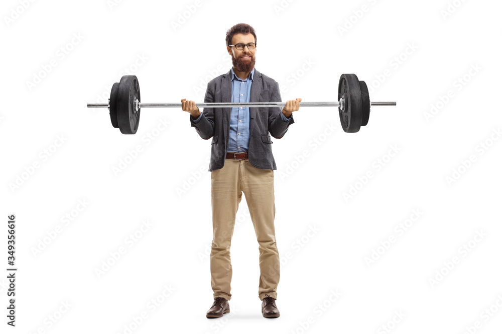 Full length portrait of a bearded man in formal clothes lifting weights Full length portrait of a bearded man in formal clothes lifting weights