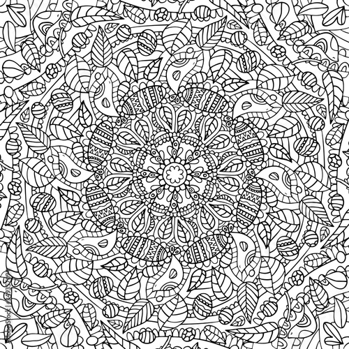Square black and white hand drawn outline vector mandala colouring page for children, adults. Zentangle line art for meditation. Monochromic yoga print with plenty of details. EPS10, editable. 