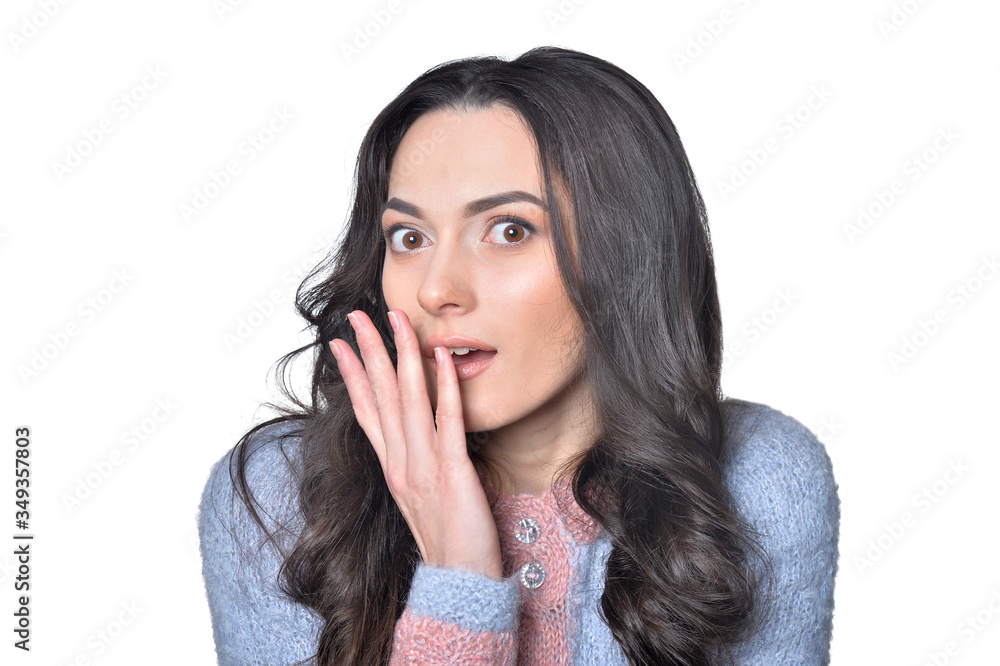 Portrait of beautiful surprised woman isolated on white Portrait of beautiful surprised woman isolated on white