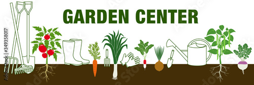 Bannière pour une jardinerie avec diverses plantations de légumes et d’outils de jardinage.