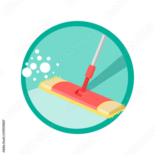 A red mop with a yellow microfiber cloth wipes the floor. Vector illustration isolated on a white background.
