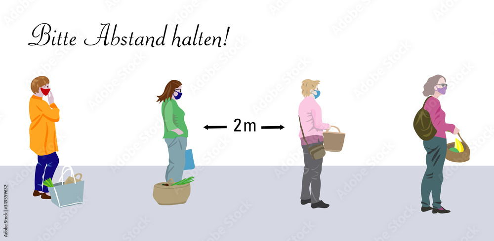 Fototapeta premium Abstand halten, Corona, Abstandsregel und Gesichtsmaske