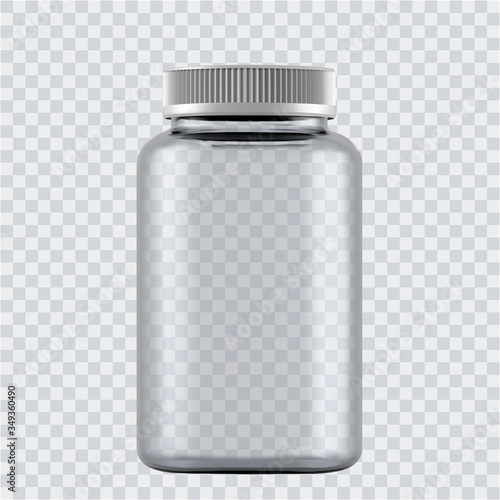 Realistic mock up glass bottles for drugs, tablets. 3d Plastic blank medical containers isolated on transparent background. Vector illustration