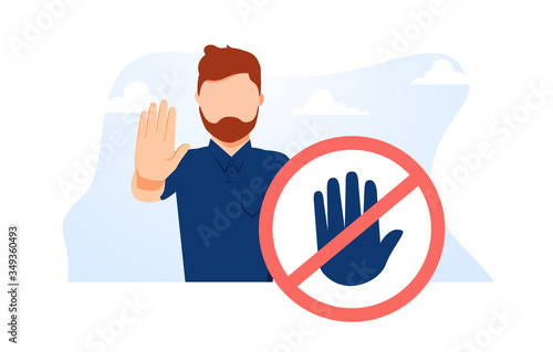 Stop sign vector illustration. Flat tiny prohibition no gesture person concept. Symbolic warning, danger or safety