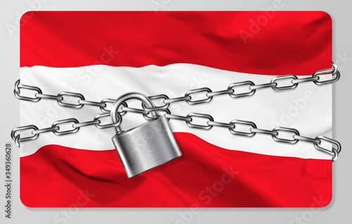 The metal chain and padlock with flag of the Republic of Austria, isolated on gray background. Concept of protection, restrictions, sanctions and quarantine. Vector illustration