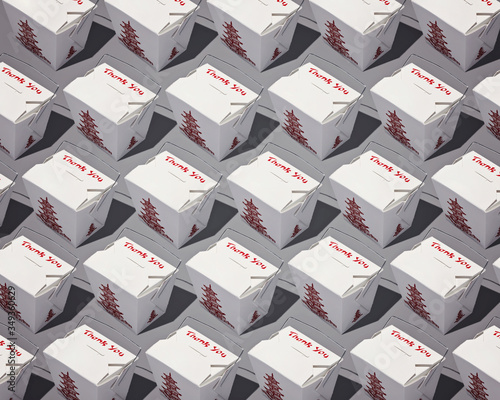 Multiple Thank You Takeout Boxes Arranged in Grid Pattern Isolated in Grey Background (ID: 349360629)