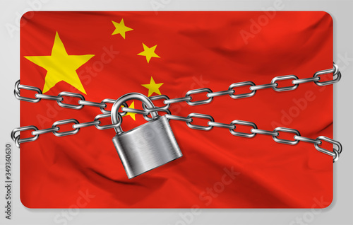 The metal chain and padlock with flag of the People's Republic of China, isolated on gray background. Concept of protection, restrictions, sanctions and quarantine. Vector illustration
