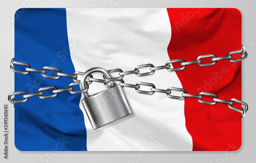 The metal chain and padlock with flag of the French Republic, isolated on gray background. Concept of protection, restrictions, sanctions and quarantine. Vector illustration