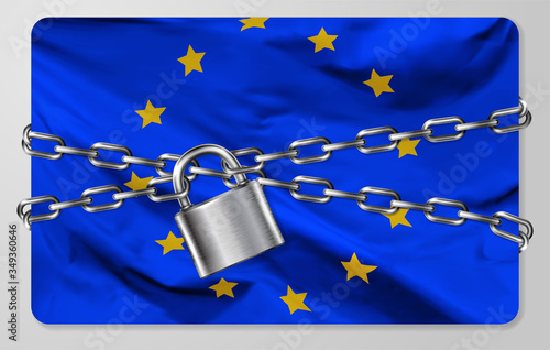 The metal chain and padlock with flag of the European Union, isolated on gray background. Concept of protection, restrictions, sanctions and quarantine. Vector illustration
