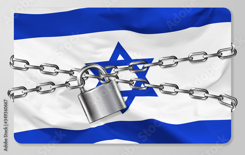 The metal chain and padlock with flag of the State of Israel, isolated on gray background. Concept of protection, restrictions, sanctions and quarantine. Vector illustration