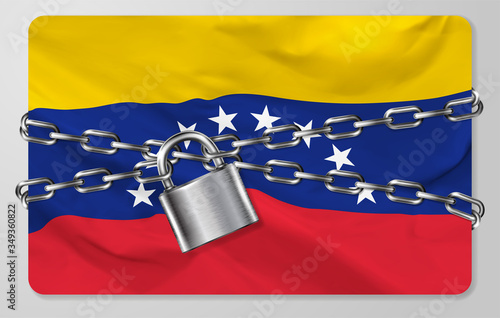 The metal chain and padlock with flag of the Republic of Venezuela, isolated on gray background. Concept of protection, restrictions, sanctions and quarantine. Vector illustration