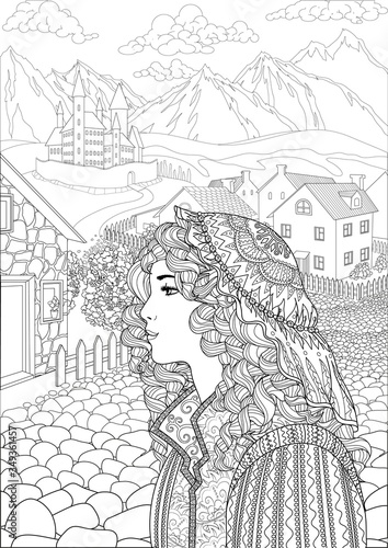 Coloring book for adults with beautiful medieval princess dressed in historical outfit stading in the cute village and beautiful castle in the background