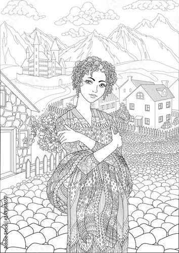 Coloring book for adults with beautiful princess dressed in historical outfit in the empire style stading in the cute village and beautiful castle