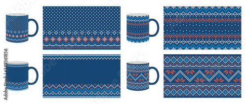 Knit seamless pattern. Christmas blue border texture. Vector. Knitted sweater with a print for cups, dishes, tableware design. Winter background. Festive fair isle frame. Illustration.