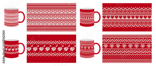 Knit seamless pattern. Red border texture. Vector. Christmas knitted sweater print for cup, dishes, crockery. Valentine winter background with hearts, zigzag. Holiday fair isle design. Illustration.