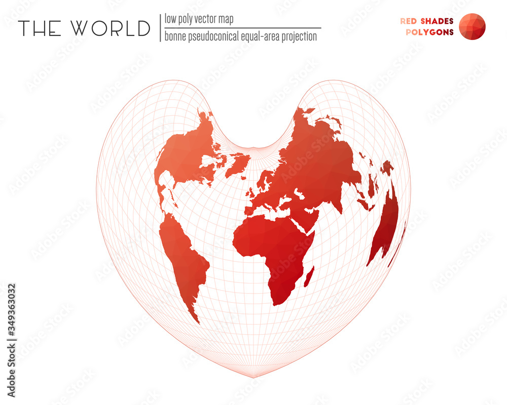 World map in polygonal style. Bonne pseudoconical equal-area projection of the world. Red Shades colored polygons. Awesome vector illustration. World map in polygonal style. Bonne pseudoconical equal-area projection of the world. Red Shades colored polygons. Awesome vector illustration.