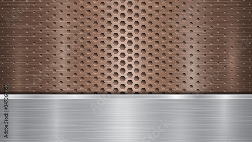 Background of bronze perforated metallic surface with holes and horizontal silver polished plate with a metal texture, glares and shiny edges