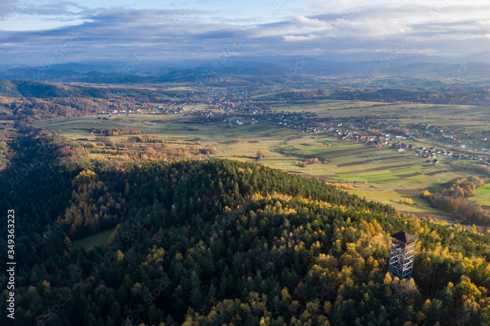 Fototapeta premium Iwkowa village country in Brzesko Poland. Polish mountains and hills aerial drone photo