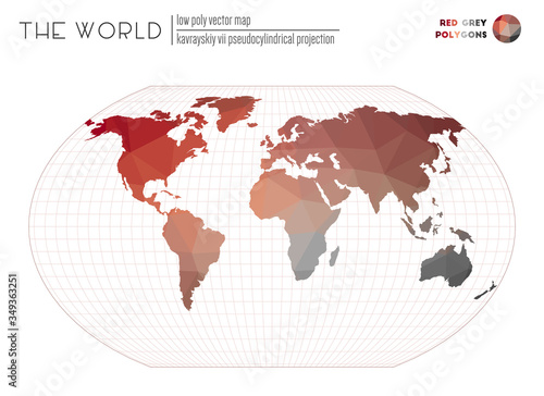 World map with vibrant triangles. Kavrayskiy VII pseudocylindrical projection of the world. Red Grey colored polygons. Elegant vector illustration.
