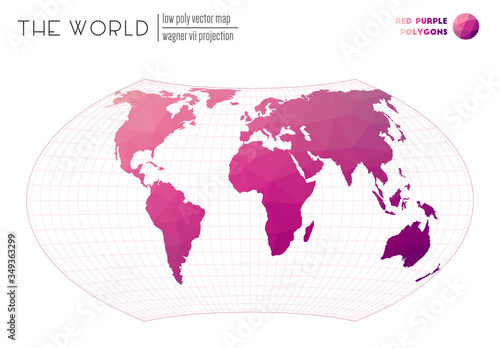 World map in polygonal style. Wagner VII projection of the world. Red Purple colored polygons. Elegant vector illustration.