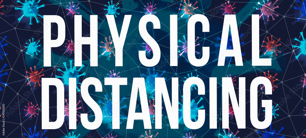 Physical Distancing coronavirus theme with with dark connected floating viruses Physical Distancing coronavirus theme with with dark connected floating viruses