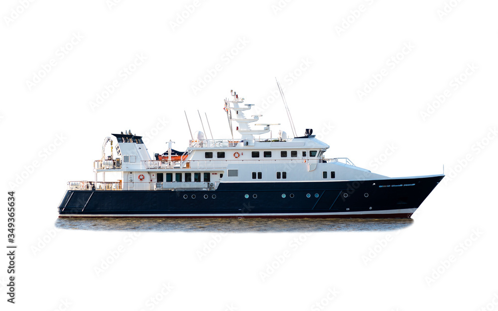 Super luxury Yacht with blue hull isolated on white background