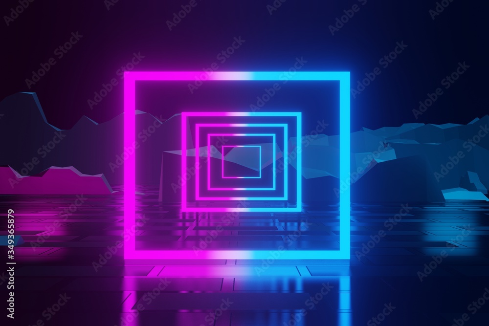 3d render, Futuristic night landscape with abstract landscape and island, moonlight, shine. Dark natural scene with reflection of light in the water, neon blue light. Dark neon circle background. 3d render, Futuristic night landscape with abstract landscape and island, moonlight, shine. Dark natural scene with reflection of light in the water, neon blue light. Dark neon circle background.