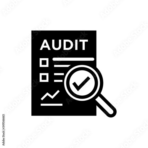 audit icon in black flat design on white background, Document inspection icons such as quality, finance, production