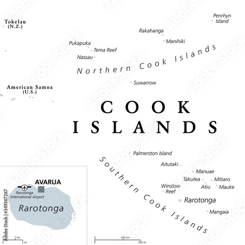 Cook Islands, gray political map with capital Avarua. Self-governing island country in South Pacific Ocean in free association with New Zealand, comprising 15 islands. English. Illustration. Vector. photo