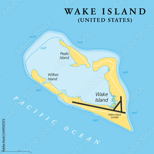 Wake Island, political map. Also called Wake Atoll, a coral atoll in the Pacific in the northeastern area of Micronesia. Unorganized, unincorporated territory of the USA. English. Illustration. Vector