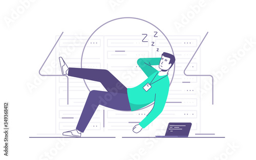 Vector illustration of a relaxed it technician, network engineer sleeping a server room. 404 error page