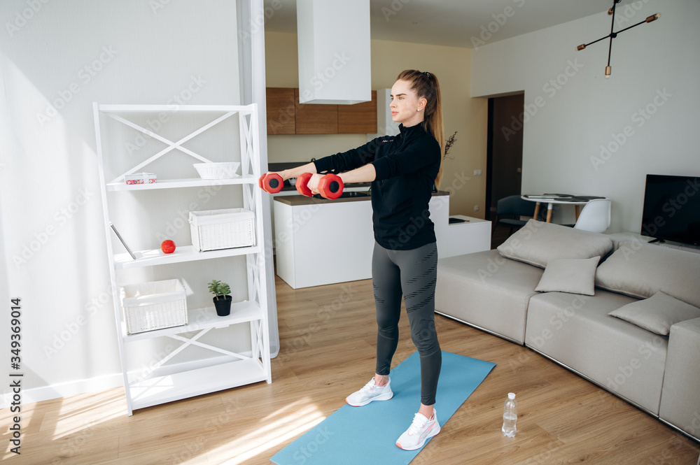 Attractive slim young girl with athletic body in sportswear does sports. Healthy lifestyle. Sport at home Attractive slim young girl with athletic body in sportswear does sports. Healthy lifestyle. Sport at home