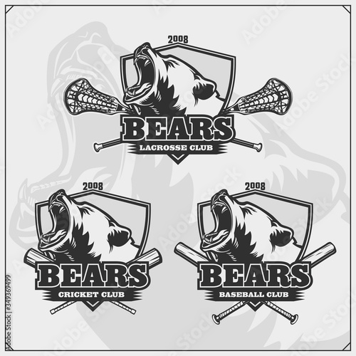 Cricket, baseball and lacrosse logos and labels. Sport club emblems with grizzly bear. Print design for t-shirts.