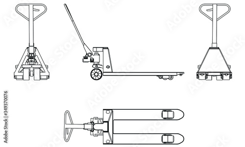 Hand pallet truck outline vector. Special machines for the building work. Manual forklift.