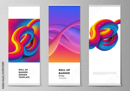 The vector illustration layout of roll up banner stands, vertical flyers, flags design business templates. Futuristic technology design, colorful backgrounds with fluid gradient shapes composition.