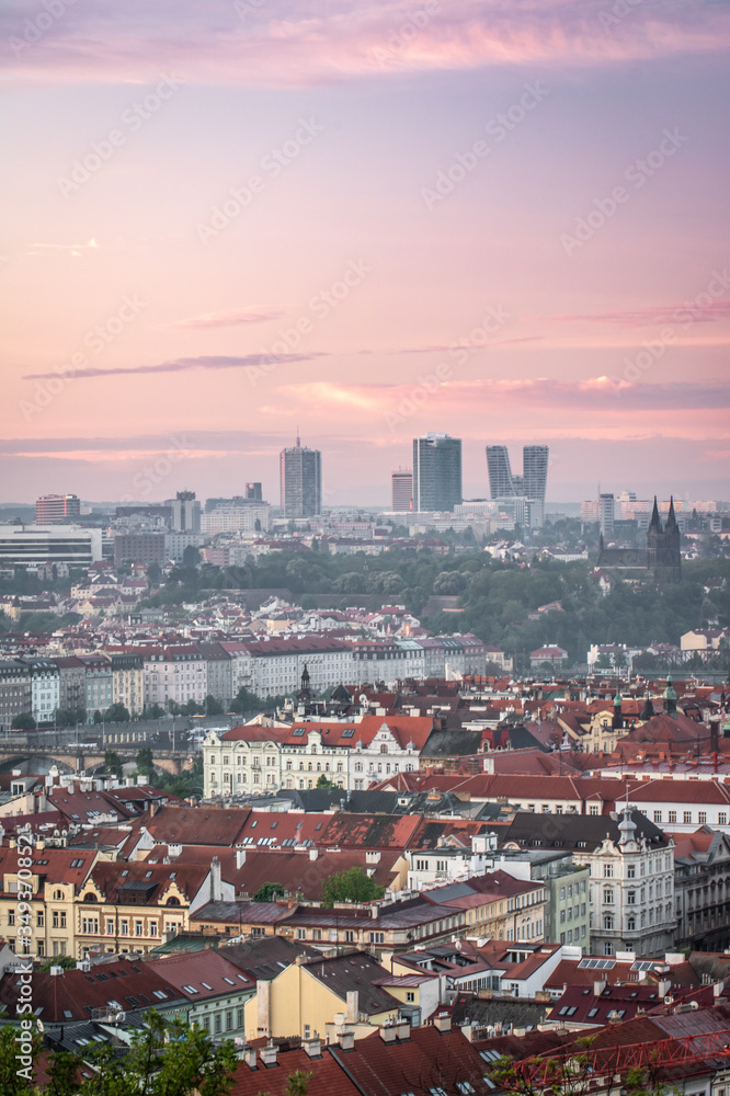 Beautiful pink sunrise above Prague, Czech republic