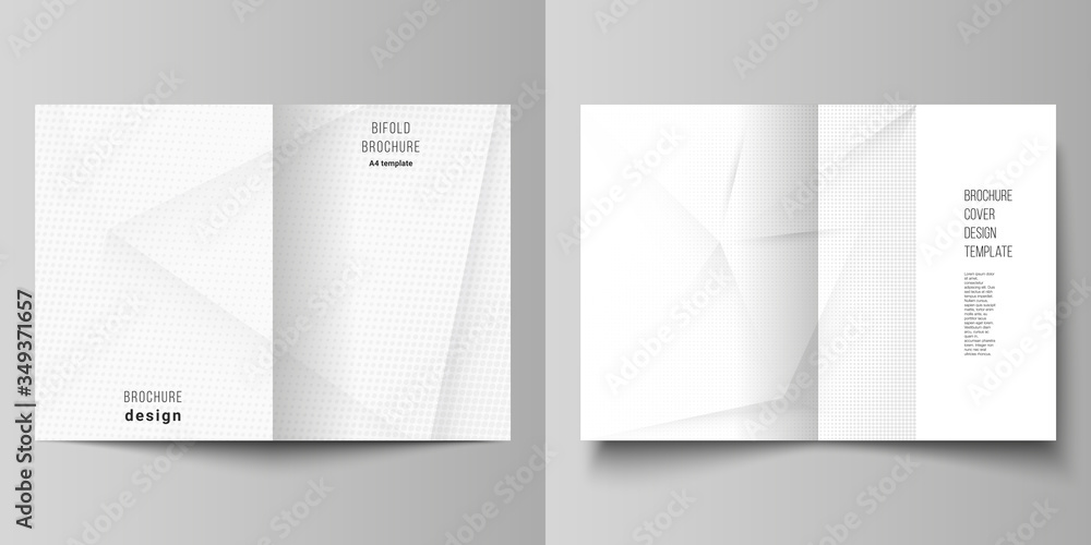 Vector layout of two A4 cover mockups design templates for bifold brochure, flyer, cover design, book design, brochure cover. Halftone dotted background with gray dots, abstract gradient background.