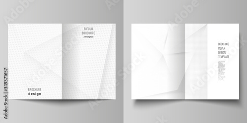 Vector layout of two A4 cover mockups design templates for bifold brochure, flyer, cover design, book design, brochure cover. Halftone dotted background with gray dots, abstract gradient background.