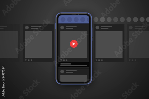 Video post carousel dark theme. Cellphone screens carousel in black mode. Social network interface