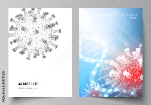 Vector layout of A4 cover mockups templates for brochure, flyer layout, booklet, cover design, book design. 3d medical background of corona virus. Covid 19, coronavirus infection. Virus concept.