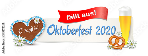 Oktoberfest 2020 „fällt aus“ Banner mit Schild,
Lebkuchen Herz, Bier, Brezel und Edelweiss, 
Vektor Illustration isoliert auf weißem Hintergrund
