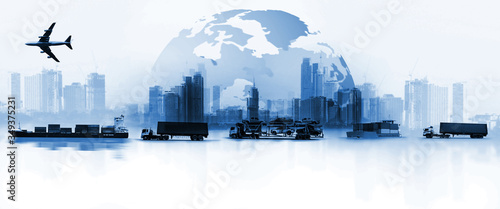 The world logistics background or transportation Industry or shipping business, Container Cargo shipment , truck delivery, airplane , import export Concept