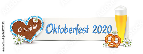 Oktoberfest 2020 Banner mit Schild,
Lebkuchen Herz, Bier, Brezel und Edelweiss, 
Vektor Illustration isoliert auf weißem Hintergrund

