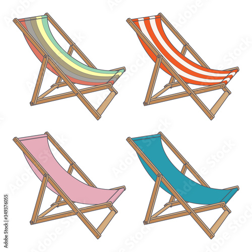 Set deck chair of different colors on a white background.