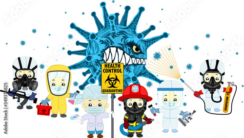 vector 2019-nCoV pandemic angry coronavirus and doctors, firefighter  and soldiers in virus protection suit with laboratory tub, gas mask, assault rifle, microscope