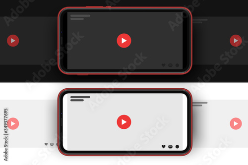 Video sharing social media carousel post with blank video screens with red play button.