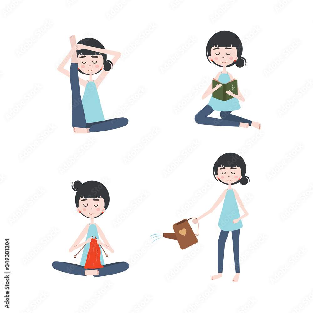 Set of women at home. Homework and hobbies. yoga, reading, flower care, knitting. Clipart of isolated characters.
Set of women at home. Homework and hobbies. yoga, reading, flower care, knitting. Clipart of isolated characters.