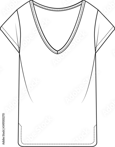 Women's  T-Shirt. Fashion Flat Sketch, apparel template, vector.Skip the dull step of drawing t shirt, by download the blank t shirt templates for designers and artists.Use them as a basis.