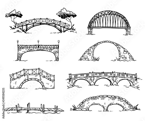 set of various hand drawn bridges, vector sketch
